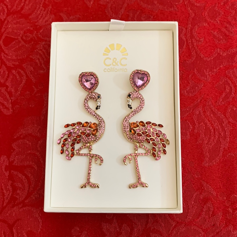 🦩C&C California Sparkly Bling Rhinestone Flamingo Earrings • BRAND NEW!